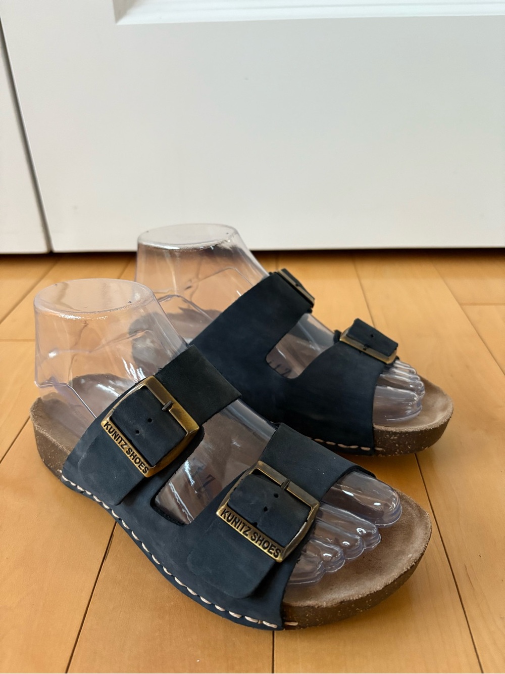Double Buckle Slide Sandals in Dark Navy Kunitz Leather Size EUR 36 / 5 - 5.5